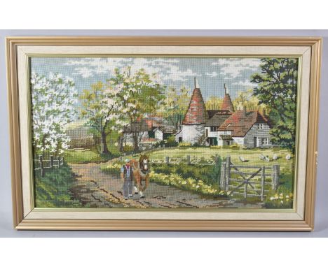 A Framed Tapestry depicting Farmer and Horse on Lane Before Oast House, 59x34cm 