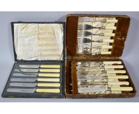 A Vintage Cased Set of Sterling Silver Banded Bone Handled Fish Knives and Forks Together with a Set of Six Bone Handled Butt