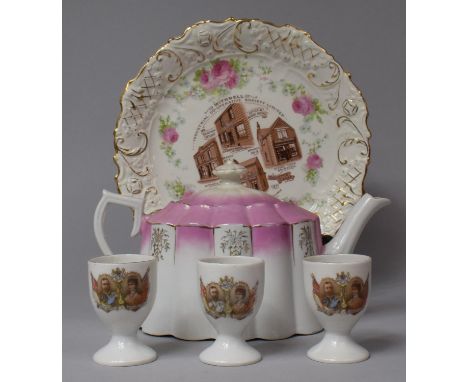 A Withnell Industrial Cooperative Society Plate Together with Lustre Teapot of Ribbed Form and Three Coronation Egg Cups 