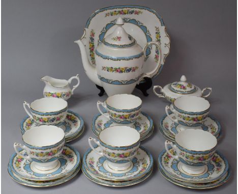 A Crown Stafford Teaset to comprise Teapot, Cake Plate, Lidded Two Handled Sugar Bowl, Milk Jug, Six Cups, Saucers and Side P