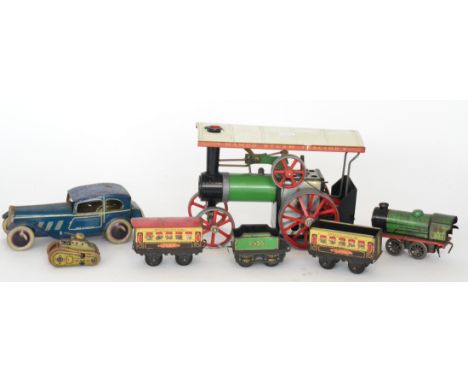 British made - A tinplate clockwork blue saloon car with running boards, together with a small Gama caterpillar tank, a Mamod