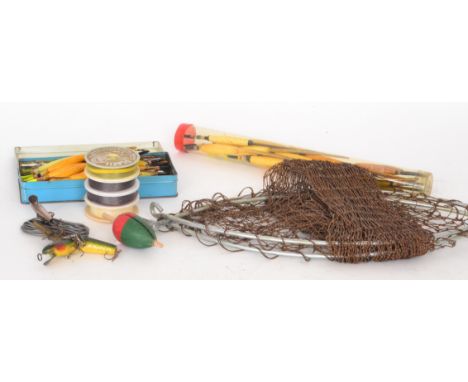 A 1930s wicker fishing reel and contents to include spinners, plugs, floats and tackle and a steel framed landing nets (qty)