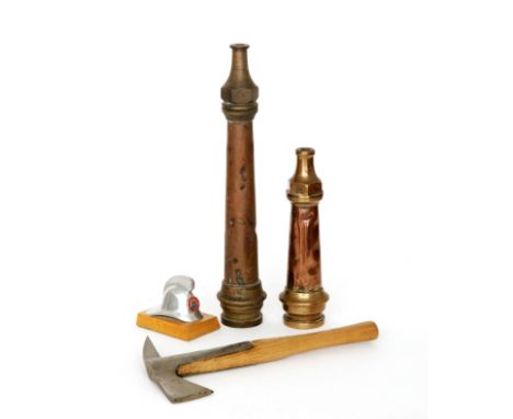 A fireman's axe, the steel blade stamped Cameo Brand No 35, ash shaft and leather cover, together with a copper and brass bra