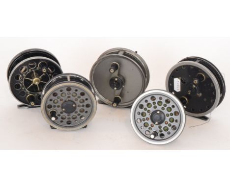 An Allcocks Aerial centre pin fly reel together with a Flick-Em fly reel and a Freedex patent reel N578434 by J W Young and S
