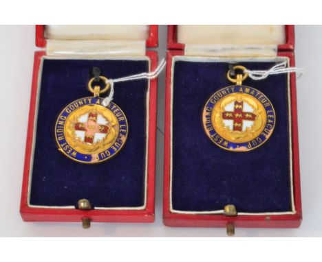 Two 9ct enamelled gold winners medals for the amateur league cup 1936-1938 awarded to K Featherstone Farsley Celtic AFC., 18.