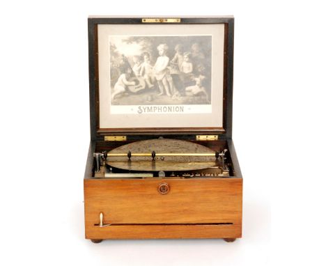 A Symphonion musical box playing 10 1/8 inch discs, lever operation in figured walnut case width 33cm together with fifteen d
