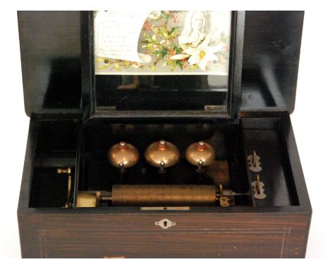 A bells in view musical box playing eight airs, tune card, cylinder 15cm in simulated rosewood case transfer printed with mus
