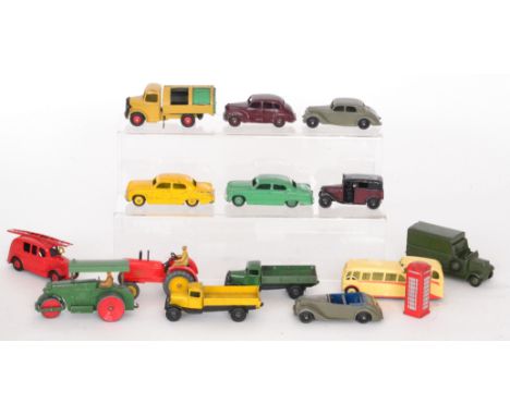 Dinky Toys - An Austin Devon, two Ford Sedans, a Riley, a Vanguard, a Triumph Armstrong Siddeley, two buses and an observatio