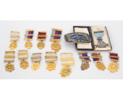 A Masonic jewel engraved Members Jewel 617 Excelsior A.L.5853.No 900. cased, together with twelve Masonic Royal Arch chapter 
