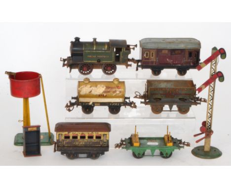 A Hornby GWR 0-4-0 tank locomotive, a Robert Hudson side tipping wagon, motor 'BP' spirit wagon and similar wagons, also an a