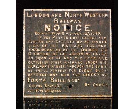 A Lancashire and Yorkshire Railway cast iron notice for failure to shut the gate painted in maroon and white, 52cm x 59cm, an
