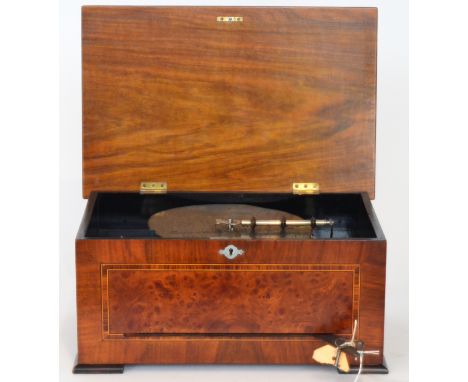 A Britannia musical box playing 8 1/4 inch discs lever operation in crossbanded figured walnut case width 39cm together with 