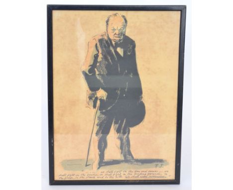 AFTER FELIX TOPOLSKI - Lithograph, Sir Winston Churchill with famous statement below, signed, 39cm x 28cm