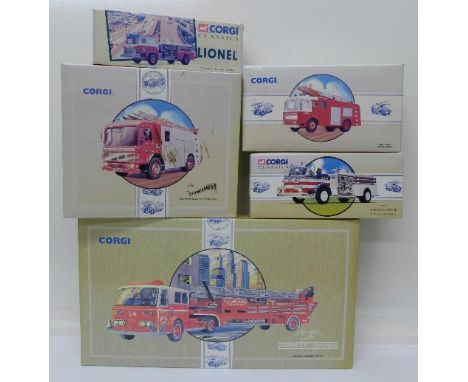 Corgi fire service vehicles, including American La France 97321 engine and Nottinghamshire AEC pump escape fire engine, all b