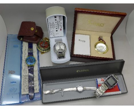 Two pocket watches, a gentleman's Casio wristwatch, a Swatch watch, boxed, and two other watches, (6)