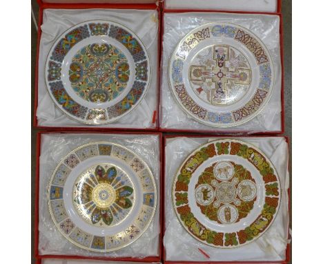 Four Spode Celtic pattern plates, The Durrow Plate, Canterbury Pilgrim Plate, The Lindisfarne Plate and The St. Chad Plate, (