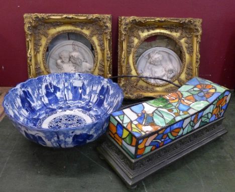 Two gilt framed plaques, a leaded glass lamp and a reproduction Chinese blue and white bowl