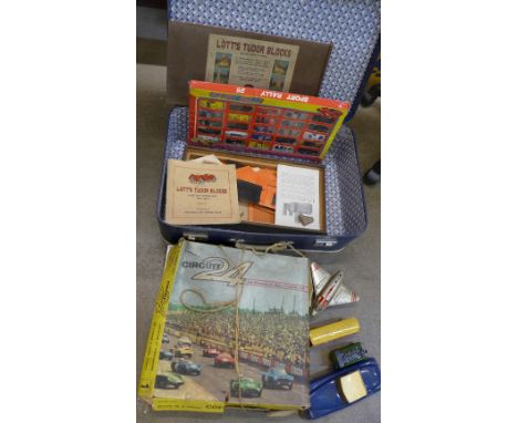 A Lott's Tudor Blocks game, boxed, a Louis Marx & Co. plastic and tin-plate car, a tin-plate railway tender and coach, a tin-