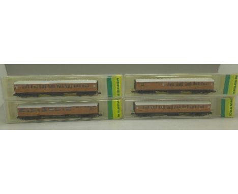 Four Minitrix model railway coaches, two 13013 and two 13014
