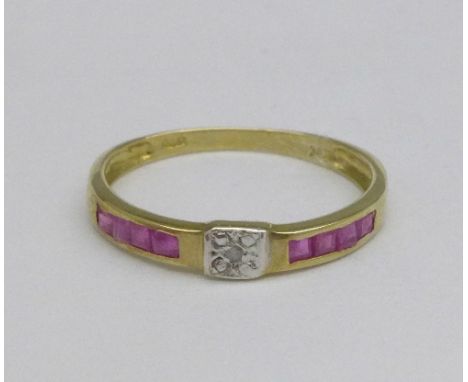 A 9ct gold, diamond and ruby ring, 1.2g, N