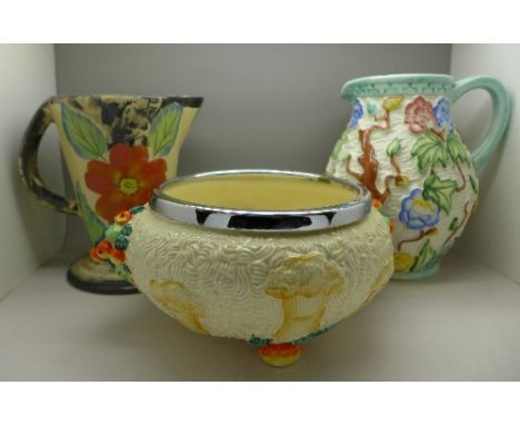 A Clarice Cliff Celtic Harvest bowl, a H.J. Woods Indian Tree jug and one other jug