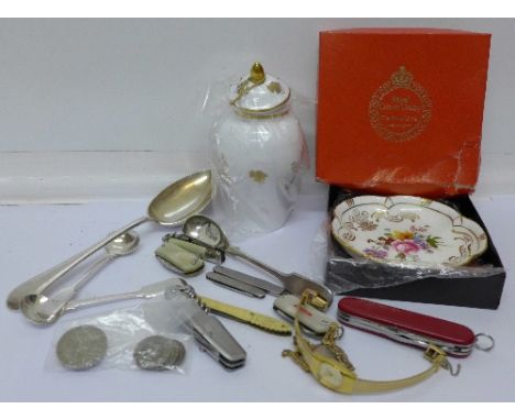 Coins, penknives, spoons, a Spode vase, a 1981 Royal Crown Derby dish, etc.