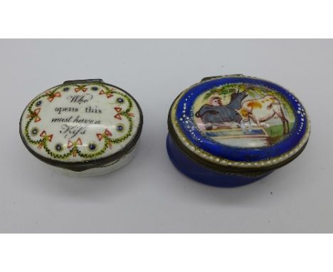 Two enamel patch boxes, one marked 'who opens this must have a kiss', mirror a/f