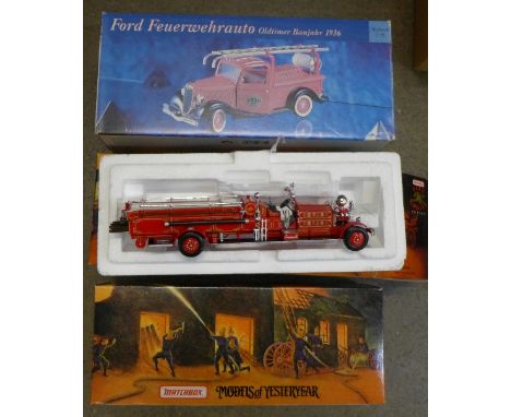 Two Matchbox Special Edition Fire Engine Series fire engines and a Ford Old Timer 1936 model fire engine (3)