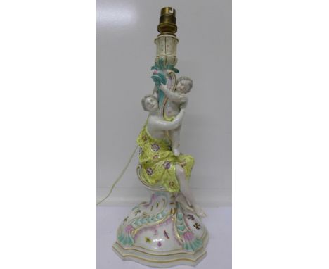 A Meissen figural candlestick or centrepiece base made into a table lamp, 33cm