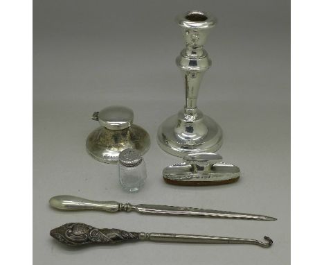 A silver inkwell, candlestick, buffer, etc., (6)