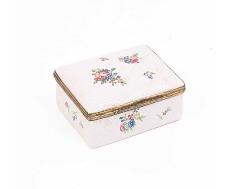 An 18th Century enamel box, possibly Battersea, pink ground floral decorated with white ground interior, with note inside 'fr