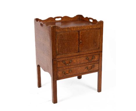 A George III oak tray top commode with cupboard above a drawer (converted), on square chamfered legs, 56cm wide, 46cm deep, 7