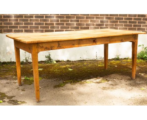 A 19th Century fruitwood farmhouse table, 195cm wide, 92cm deep, 78cm highTop sanded and waxed. One end with drawer lacking h