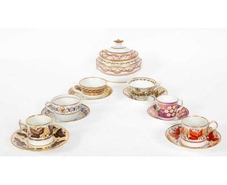 Six English porcelain cups and saucers and a boat shaped sugar bowl, circa 1790-1820, to include, Spode and DerbyOverall cond