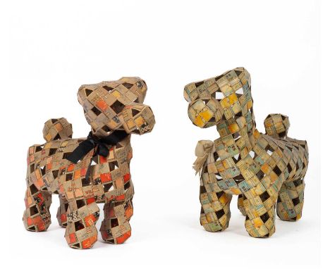 A model of a dog made from interwoven strips of Player Senior Service cigarette packets and another from Typhoo Tea cartons, 