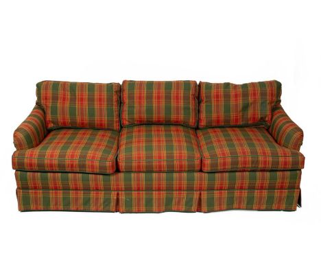 An upholstered three-seater sofa, 20th Century, on tapering front legs, 224cm wide, 99cm deep, 77cm high