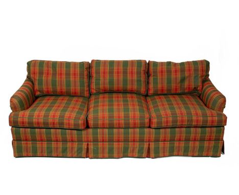 An upholstered three-seater sofa, 20th Century, on tapering front legs, 224cm wide, 99cm deep, 77cm high