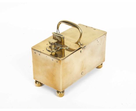 A mid 19th Century brass ‘honesty’ tobacco box marked ‘Rich Patentee Bridgwater’, on four ball feet, 23cm wide, 11cm deepOmbe