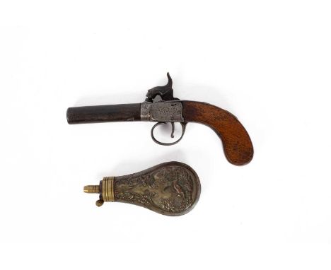 A percussion cap pocket pistol, with screw off barrel and slab type grip and a small copper powder flask embosses a running h