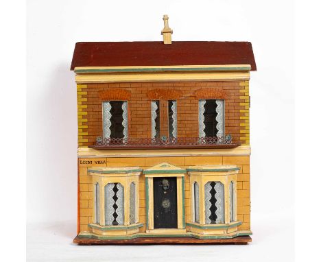 A Lines Bros doll's house, Leeds Villa, circa 1920, with central single pot chimney stack to the red roof, the front elevatio