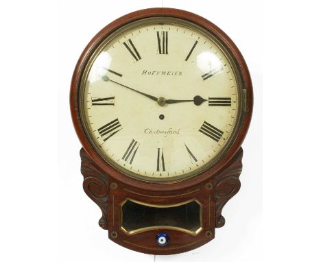 An English convex drop dial clock, signed Hoffmeier Chelmsford, single train fusee movement in a mahogany case, trunk with gl
