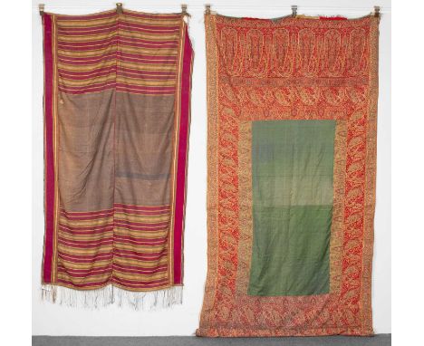 A Kashmir paisley shawl North India, late 19th century, with a plain green central panel framed by boteh and palmette borders