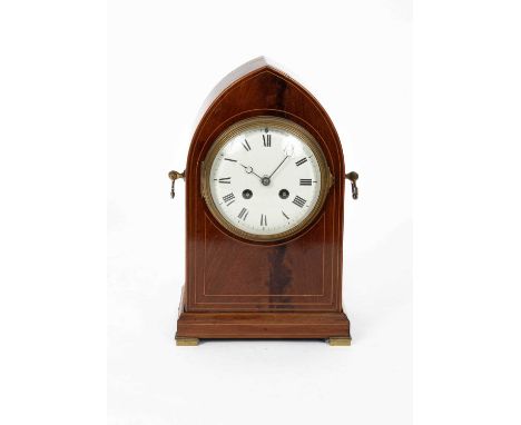 A French mahogany mantel clock, striking drum movement, numbered 5960, in a lancet case with stringing, pendulum and key, 30c
