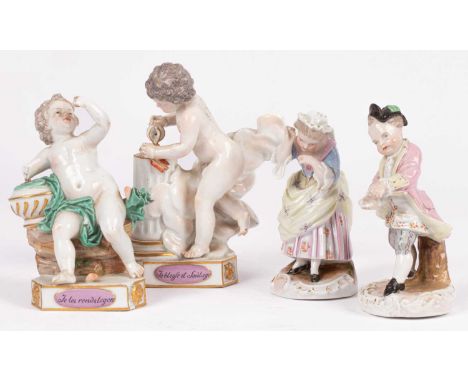 Two 19th Century Meissen ‘Devisenkinder’ or Motto Children modelled after Michael Victor Acier, on triangular bases bearing o