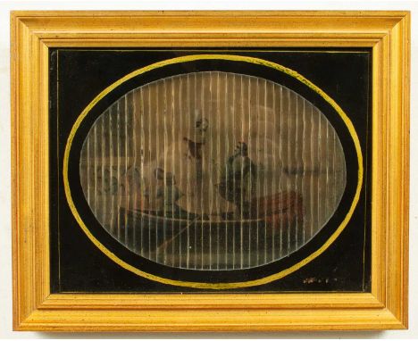 A 19th Century optical illusion lithograph in colours, depicting three different images via the use of vertically mounted sla