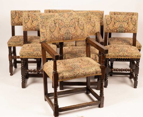 A matched set of ten 17th Century and later dining chairs with upholstered backs and seats with a variety of turned, bobbin a