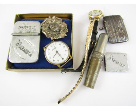 Sundry collectors’ items including a stamp and match case, a vesta, a BOAC compact and a pocket corkscrew etc
