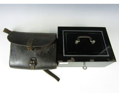 A vintage steel cash box together with an antique leather shoulder pouch
