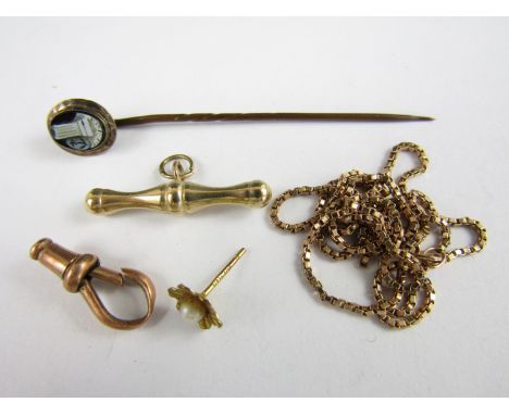 A Victorian mourning stick pin in base metal together with sundry scrap gold, 5.2g total (excluding pin)