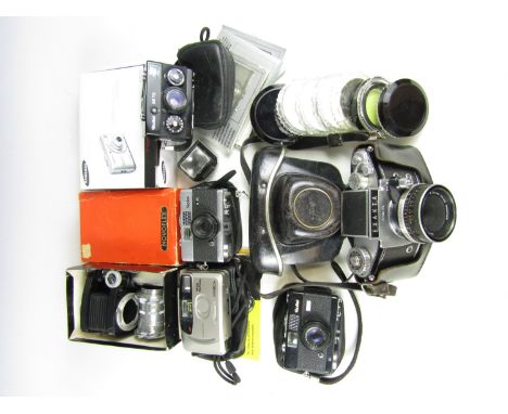 A quantity of cameras including a Samsung S1070 digital camera, Hoya photographic filters, compact 35mm cameras - Rollei B35,